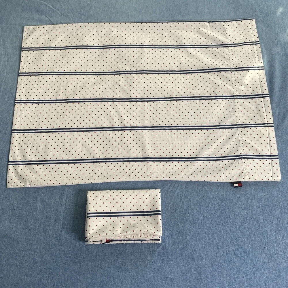 2-Tommy Hilfiger Blue Stipes Red Dots Cotton /Poly Blend Standard Pillowcases